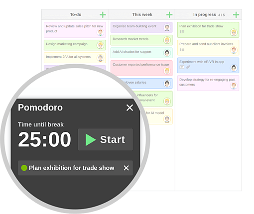 Pomodoro timer on a Kanban board